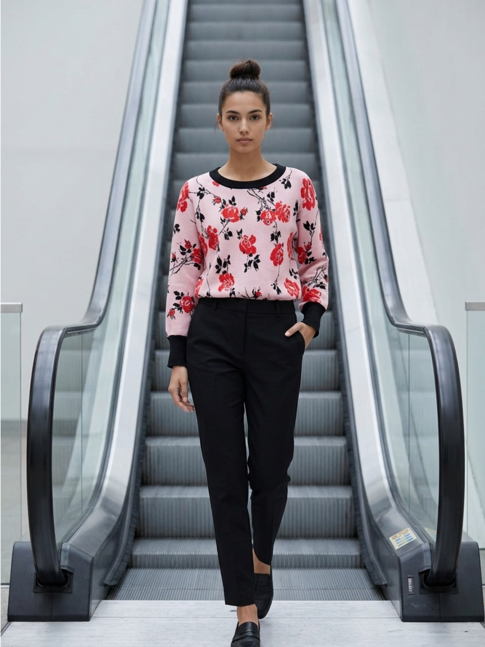 Tahari Women’s Small Pink Red Rose Floral Knit Sweater Long Sleeve Pullover